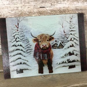 Highland Cow Winter Glass Cutting Board 11.25" x 15.25"